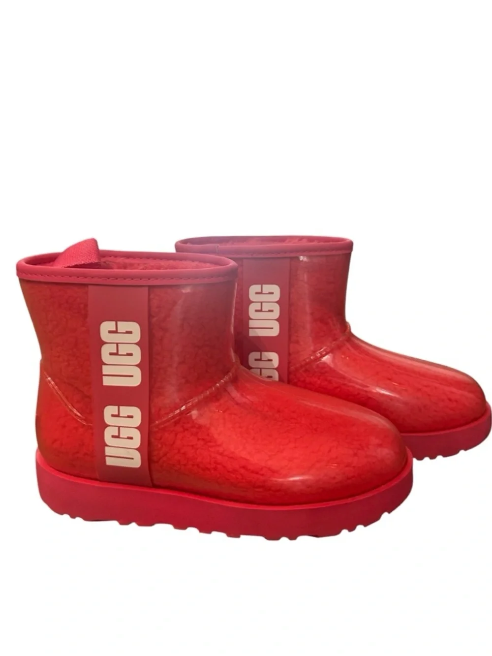 UGG Waterproof Red Rain Boots Size 6 Women Glossy Rubber Shearling Lined